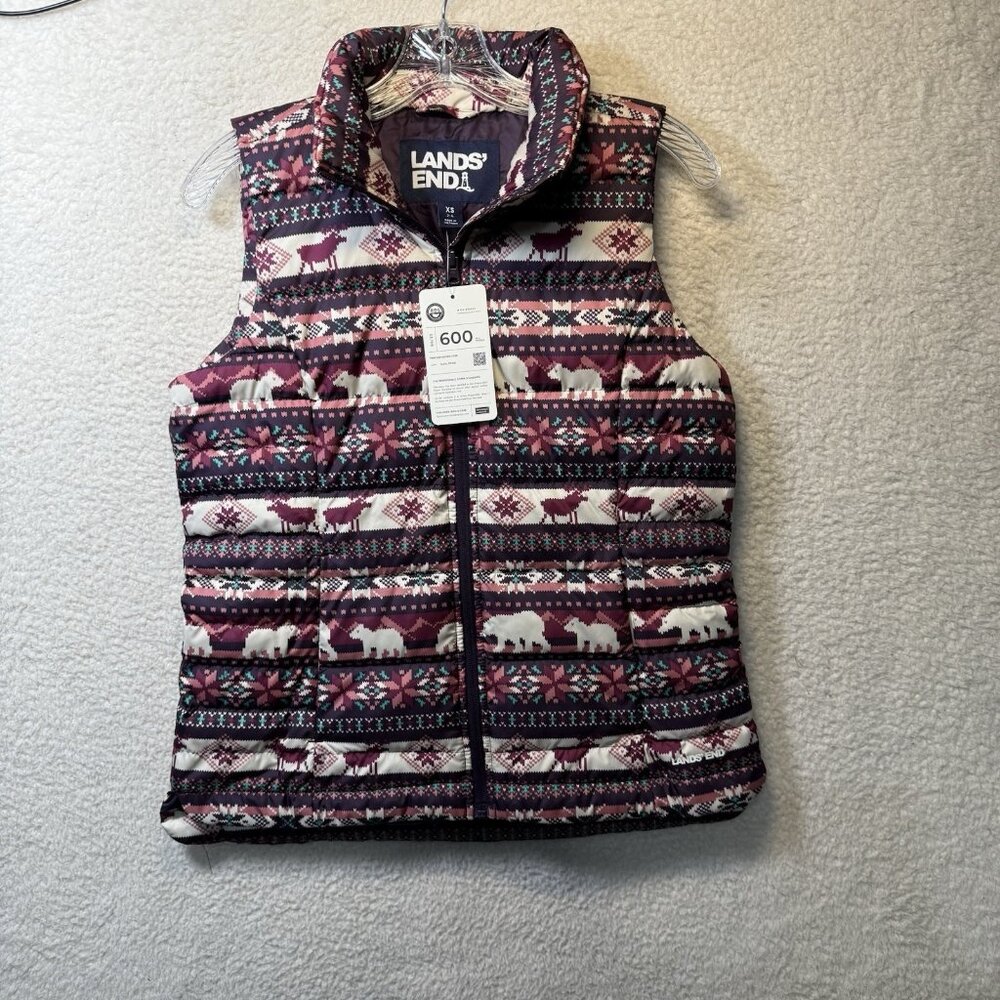 NWT Lands’ End Women’s XS Mid Weight Animal Winter Print Down Vest Full Zip